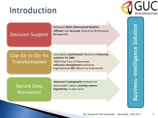 Business-Intelligence Solution
                   •Advanced Multi-Dimensional Analytics
                   •Efficient and Accurate Enterprise Performance
Decision Support    Management




Cap-Ex to Op-Ex    •Leveraging sophisticated Business Computing
                   solutions for SMEs
 Transformation    •TCO (Total Cost of Ownership)
                    reduction/management expanding
                    organizational ROI (Return on Investment)




                   •Advanced Cryptography mechanisms

  Secure Data      •Untraceable ciphers omitting reverse
                    engineering to plain texts
   Perimeters



                                             By: Hossam El-Din Hassanien   December, 27th 2011                        4
 