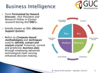    Term Formulated by Howard
    Dressner, Vice President and
    Research Fellow in Gartner                            Decision Making

    research during the1980’s.
                                                                                       Transactions
                                                           and Planning




   Initially known as DSS (Decision
    Support System).
                                                                     Plan         Act
   Refers to Computer based              Reporting and                                                Extract, Transform

    methodologies and techniques            Analysis                                                        and Load


    used to identify, extract and                                Analyze       Measure
    analyze crucial historical, current
    and predictive business data
    through employing advanced
    technological tools serving
    enhanced decision making.                             Business Modeling           Data Warehouse




                                                By: Hossam El-Din Hassanien   December, 27th 2011                 6
 