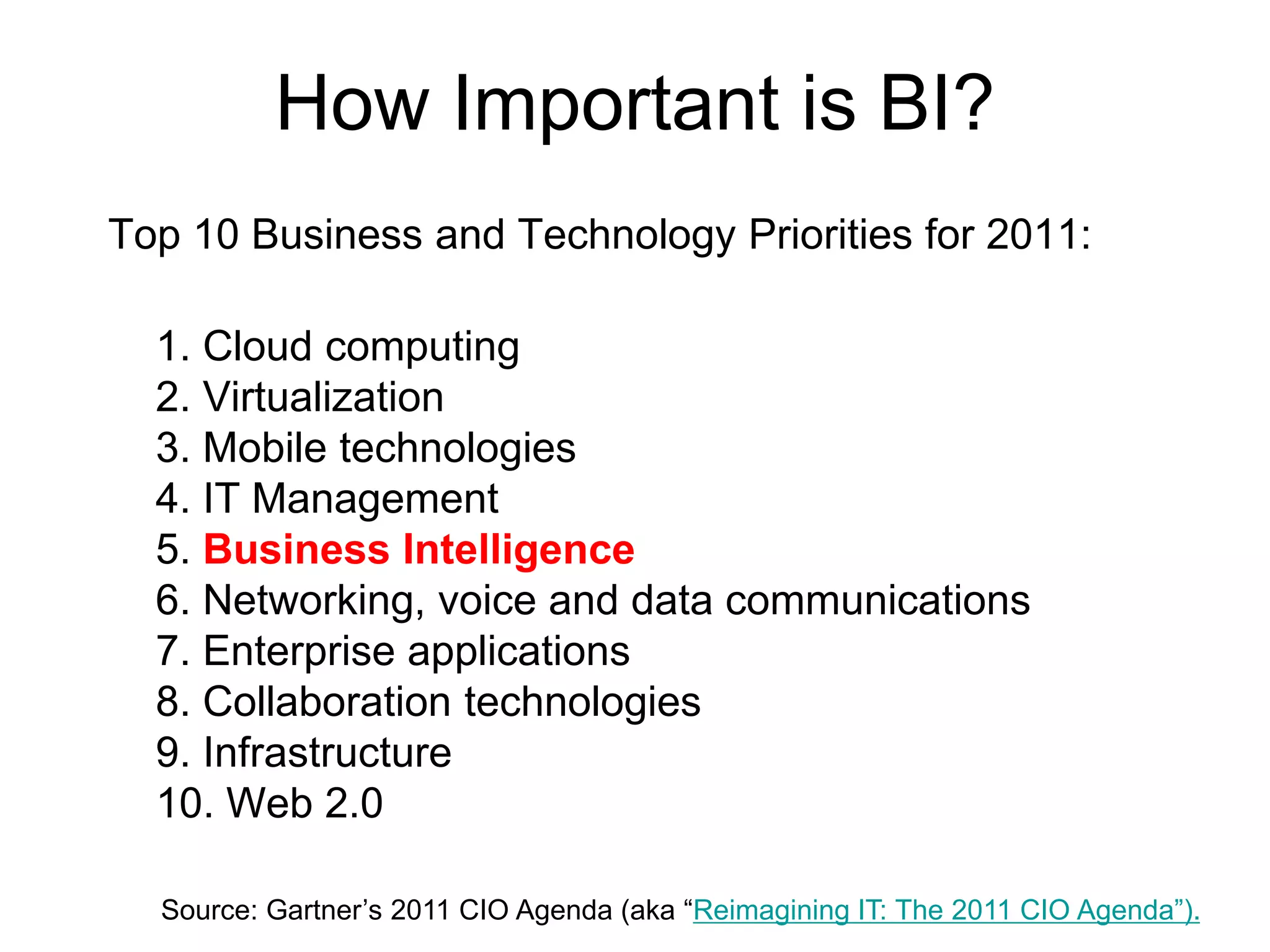 How Important is BI?
Top 10 Business and Technology Priorities for 2011:
1. Cloud computing
2. Virtualization
3. Mobile technologies
4. IT Management
5. Business Intelligence
6. Networking, voice and data communications
7. Enterprise applications
8. Collaboration technologies
9. Infrastructure
10. Web 2.0
Source: Gartner’s 2011 CIO Agenda (aka “Reimagining IT: The 2011 CIO Agenda”).
 
