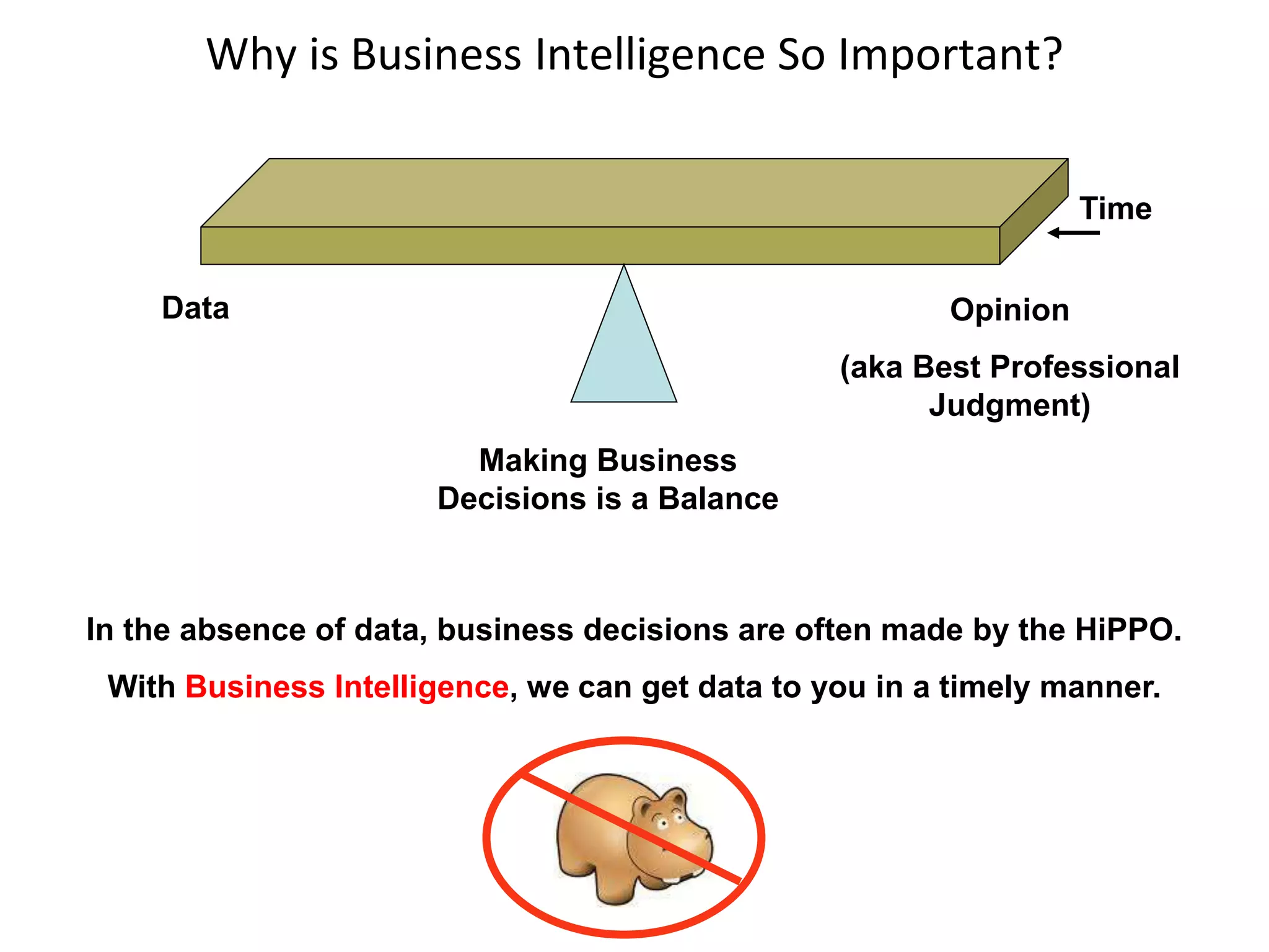 Why is Business Intelligence So Important?
Time
With Business Intelligence, we can get data to you in a timely manner.
Making Business
Decisions is a Balance
Data Opinion
(aka Best Professional
Judgment)
In the absence of data, business decisions are often made by the HiPPO.
 