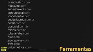 #SMWSP | @estevaosoares
Ferramentas
brandwatch.com
hootsuite.com
socialbakers.com
sproutsocial.com
iconosquare.com
socialﬁgures.com.br
seekr.com.br
opsocial.com.br
mlabs.com.br
tubularlabs.com
nuvi.com
agorapulse.com
cyfe.com
unionmetrics.com
 