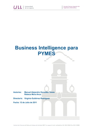 Business Intelligence para
PYMES
Autor/es: Manuel Alejandro González Yanes
Rebeca Mora Anca
Director/a: Virginia Gutiérrez Rodríguez
Fecha: 12 de Julio de 2011
 