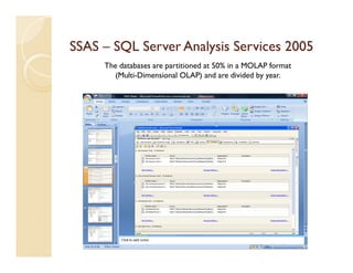 SSAS – SQL Server Analysis Services 2005
     The databases are partitioned at 50% in a MOLAP format
        (Multi-Dimensional OLAP) and are divided by year.
 
