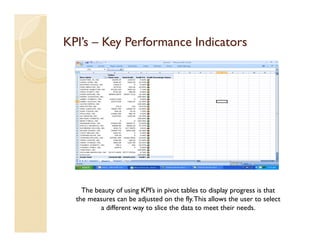 KPI’s – Key Performance Indicators




    The beauty of using KPI’s in pivot tables to display progress is that
  the measures can be adjusted on the fly. This allows the user to select
          a different way to slice the data to meet their needs.
 