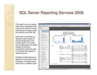 SQL Server Reporting Services 2008

This report runs on a group
level and is navigated using
a document map on the top
level group to create a table
of contents in the PDF file.

Each item in the table is a
separate report based on
the groupings built in the
master report. The charts
are incorporated in the tablix
header so that they
consistentl ymatch the data
in the tablix with regard to
selection group.

Shading of alternate lines is
based on the producer level
changing, not simply every
other line in a different color.
 