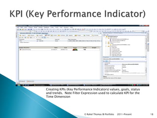 Creating KPIs (Key Performance Indicators) values, goals, status
and trends. Note Filter Expression used to calculate KPI for the
Time Dimension




                          © Rahel Thomas BI Portfolio   2011-Present   18
 