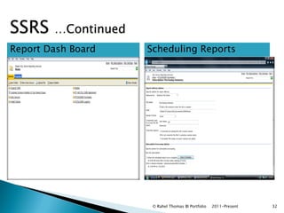 SSRS    …Continued
Report Dash Board    Scheduling Reports




                      © Rahel Thomas BI Portfolio   2011-Present   32
 
