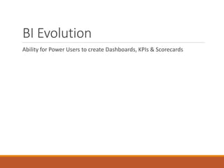 BI Evolution 
Ability for Power Users to create Dashboards, KPIs & Scorecards 
 