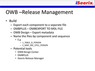 OWB –Release Management
• Build
   –   Export each component to a separate file
   –   OMBPLUS – OMBEXPORT TO MDL FILE
   –   OWB Design – Export metadata
   –   Name the files by component and sequence
        • E.g
            – 1_TABLE_D_PERSON
            – 2_MAP_SRC_STG1_PERSON
   – Potential tools
        • OWB Design Center
        • OMBPLUS
        • iSeerix Release Manager
 