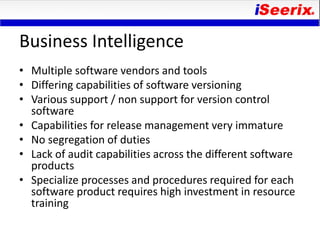 Business Intelligence
• Multiple software vendors and tools
• Differing capabilities of software versioning
• Various support / non support for version control
  software
• Capabilities for release management very immature
• No segregation of duties
• Lack of audit capabilities across the different software
  products
• Specialize processes and procedures required for each
  software product requires high investment in resource
  training
 