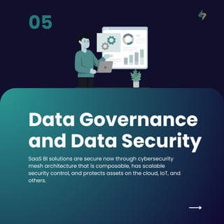 Data Governance
and Data Security
SaaS BI solutions are secure now through cybersecurity
mesh architecture that is composable, has scalable
security control, and protects assets on the cloud, IoT, and
others.
05
 