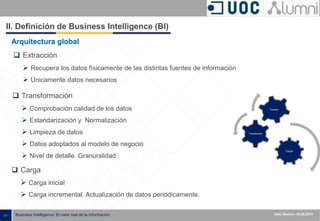 - 21 - ISXXXX-100000-1XX
00.00.2010
Business Intelligence: El valor real de la información UOC Alumni– 09.05.2013
 Extracción
 Recupera los datos físicamente de las distintas fuentes de información
 Únicamente datos necesarios
 Transformación
 Comprobación calidad de los datos
 Estandarización y Normalización
 Limpieza de datos
 Datos adoptados al modelo de negocio
 Nivel de detalle. Granuralidad.
 Carga
 Carga inicial
 Carga incremental. Actualización de datos periódicamente.
Cargar
Transformar
Extraer
II. Definición de Business Intelligence (BI)
Arquitectura global
 
