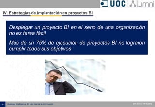 - 38 - ISXXXX-100000-1XX
00.00.2010
Business Intelligence: El valor real de la información UOC Alumni– 09.05.2013
IV. Estrategias de implantación en proyectos BI
Desplegar un proyecto BI en el seno de una organización
no es tarea fácil.
Más de un 75% de ejecución de proyectos BI no lograron
cumplir todos sus objetivos
 