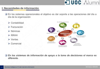 - 5 - Business Intelligence: El valor real de la información UOC Alumni– 09.05.2013
I. Necesidades de información
 En los sistemas de información de apoyo a la toma de decisiones el marco es
diferente.
 En los sistemas operacionales el objetivo es dar soporte a las operaciones del día a
día de la organización
 Contabilidad
 Facturación
 Nóminas
 RRHH
 Ventas
 Comercial
 