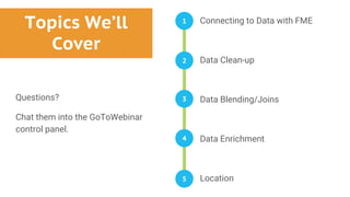 Topics We’ll
Cover
Connecting to Data with FME
Data Clean-up
Data Blending/Joins
Data Enrichment
Location
1
2
4
5
3Questio...