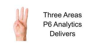 28 Copyright © 2012, Oracle and/or its affiliates. All rights reserved.
Three Areas
P6 Analytics
Delivers
 