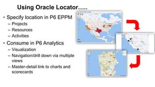 65 Copyright © 2012, Oracle and/or its affiliates. All rights reserved.
Using Oracle Locator…..
• Specify location in P6 EPPM
– Projects
– Resources
– Activities
• Consume in P6 Analytics
– Visualization
– Navigation/drill down via multiple
views
– Master-detail link to charts and
scorecards
 
