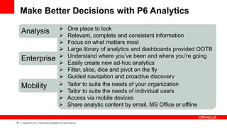 90 Copyright © 2012, Oracle and/or its affiliates. All rights reserved.
Make Better Decisions with P6 Analytics
 Built on top of best-in-class BI Platform
 Easily create new ad-hoc analytics
 Filter, slice, dice and pivot on the fly
 Guided navigation and proactive discovery
 Turn insight into action with P6 drilldown capabilities Tailor to suite the needs of your organization
 Tailor to suite the needs of individual users
 Access via mobile devices
 Share analytic content by email, MS Office or offline
 One place to look
 Relevant, complete and consistent information
 Focus on what matters most
 Large library of analytics and dashboards provided OOTB
 Understand where you’ve been and where you’re going
Analysis
Enterprise
Mobility
 