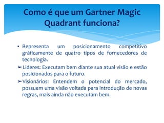▪ Representa um posicionamento competitivo
gráficamente de quatro tipos de fornecedores de
tecnologia.
➢Lideres: Executam bem diante sua atual visão e estão
posicionados para o futuro.
➢Visionários: Entendem o potencial do mercado,
possuem uma visão voltada para introdução de novas
regras, mais ainda não executam bem.
Como é que um Gartner Magic
Quadrant funciona?
 