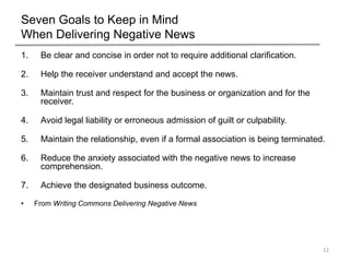 Seven Goals to Keep in Mind
When Delivering Negative News
1. Be clear and concise in order not to require additional clarification.
2. Help the receiver understand and accept the news.
3. Maintain trust and respect for the business or organization and for the
receiver.
4. Avoid legal liability or erroneous admission of guilt or culpability.
5. Maintain the relationship, even if a formal association is being terminated.
6. Reduce the anxiety associated with the negative news to increase
comprehension.
7. Achieve the designated business outcome.
• From Writing Commons Delivering Negative News
12
 