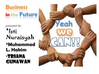 Business
in the Future

presented by:

*Isti
Nuraisyah
*Muhammad
L. Hakim
*Triana
Gunawan
 