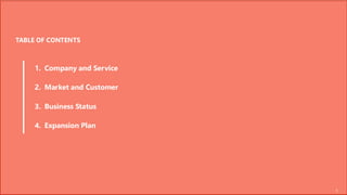 1
1. Company and Service
2. Market and Customer
3. Business Status
4. Expansion Plan
TABLE OF CONTENTS
 