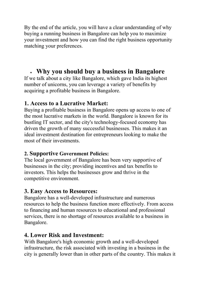 Business Growth Investment Opportunities in Bangalore