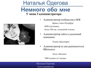 Наталья Одегова
Немного обо мне
 У меня 3 администратора
          •   Администратор сообщества в ЖЖ
                      Ирина, Санкт-Петербург
              6800 участников,
              более 300 тыс. посещений в месяц.

          • Администратор сайта и удаленный
            помощник
                      Ульяна, Красноярск

          • Администратор (и уже руководитель)
            ВКонтакте
                      Анель, Вильнюс

              7800 человек за 2 месяца

       Наталья Одегова
        www.assistor.ru
 