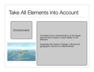 Take All Elements into Account


 Environment
               Considers how characteristics of the larger
               environment impact a users ability to be
               effective

               Assesses the impact of larger cultural and
               geographic factors on effectiveness
 