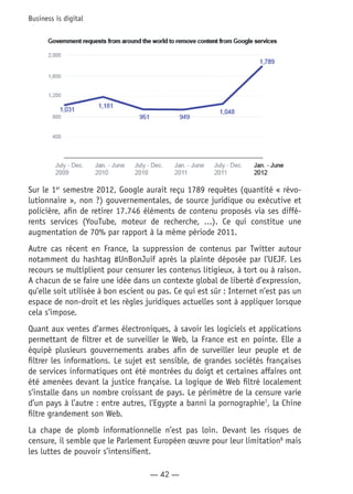 — 42 —
Business is digital
Sur le 1er
semestre 2012, Google aurait reçu 1789 requêtes (quantité « révo-
lutionnaire », non ?) gouvernementales, de source juridique ou exécutive et
policière, afin de retirer 17.746 éléments de contenu proposés via ses diffé-
rents services (YouTube, moteur de recherche, ...). Ce qui constitue une
augmentation de 70% par rapport à la même période 2011.
Autre cas récent en France, la suppression de contenus par Twitter autour
notamment du hashtag #UnBonJuif après la plainte déposée par l’UEJF. Les
recours se multiplient pour censurer les contenus litigieux, à tort ou à raison.
A chacun de se faire une idée dans un contexte global de liberté d’expression,
qu’elle soit utilisée à bon escient ou pas. Ce qui est sûr : Internet n’est pas un
espace de non-droit et les règles juridiques actuelles sont à appliquer lorsque
cela s’impose.
Quant aux ventes d’armes électroniques, à savoir les logiciels et applications
permettant de filtrer et de surveiller le Web, la France est en pointe. Elle a
équipé plusieurs gouvernements arabes afin de surveiller leur peuple et de
filtrer les informations. Le sujet est sensible, de grandes sociétés françaises
de services informatiques ont été montrées du doigt et certaines affaires ont
été amenées devant la justice française. La logique de Web filtré localement
s’installe dans un nombre croissant de pays. Le périmètre de la censure varie
d’un pays à l’autre : entre autres, l’Egypte a banni la pornographie7
, la Chine
filtre grandement son Web.
La chape de plomb informationnelle n’est pas loin. Devant les risques de
censure, il semble que le Parlement Européen œuvre pour leur limitation8
mais
les luttes de pouvoir s’intensifient.
 