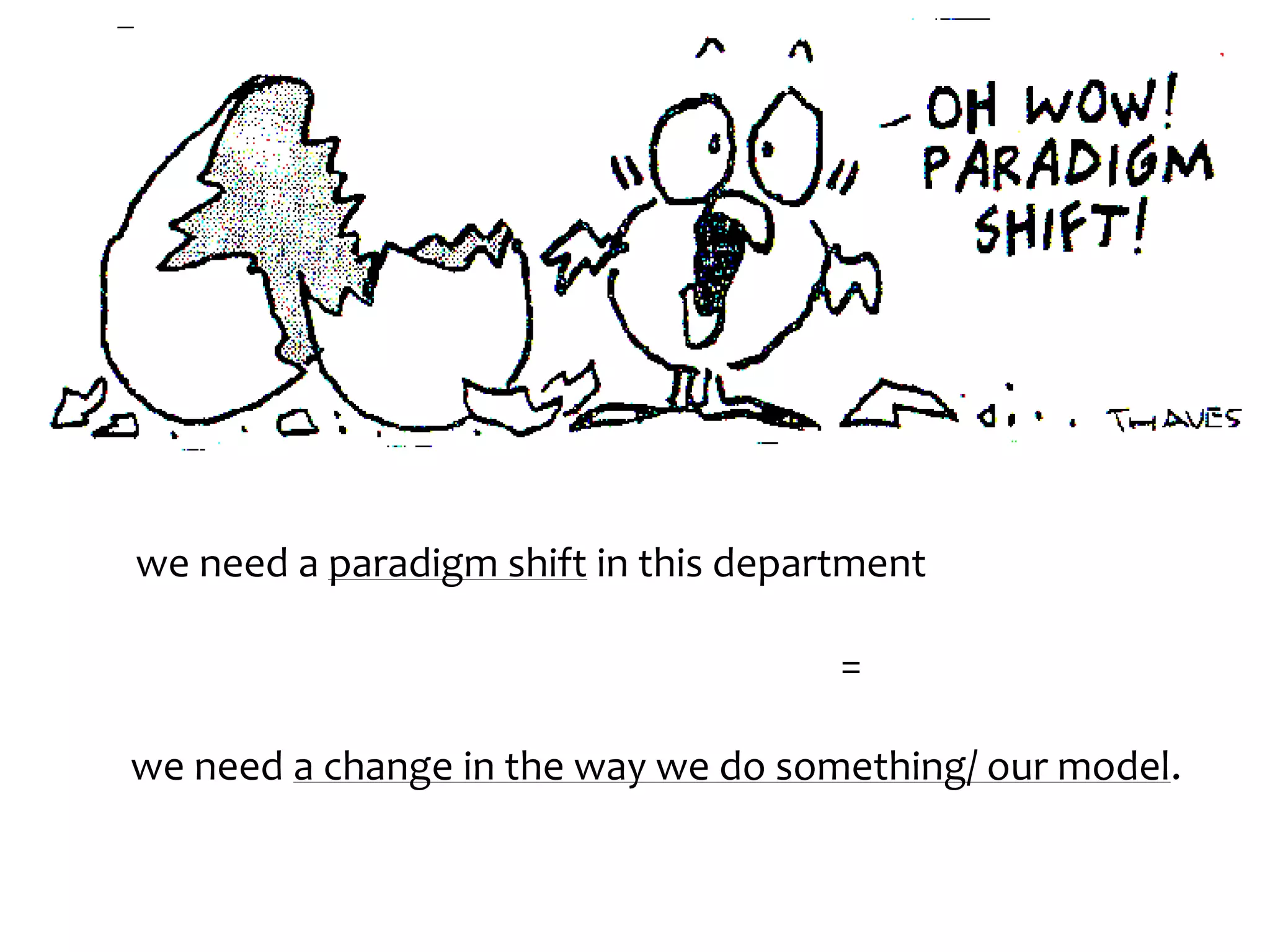 we need a paradigm shift in this department 
= 
we need a change in the way we do something/ our model. 
 