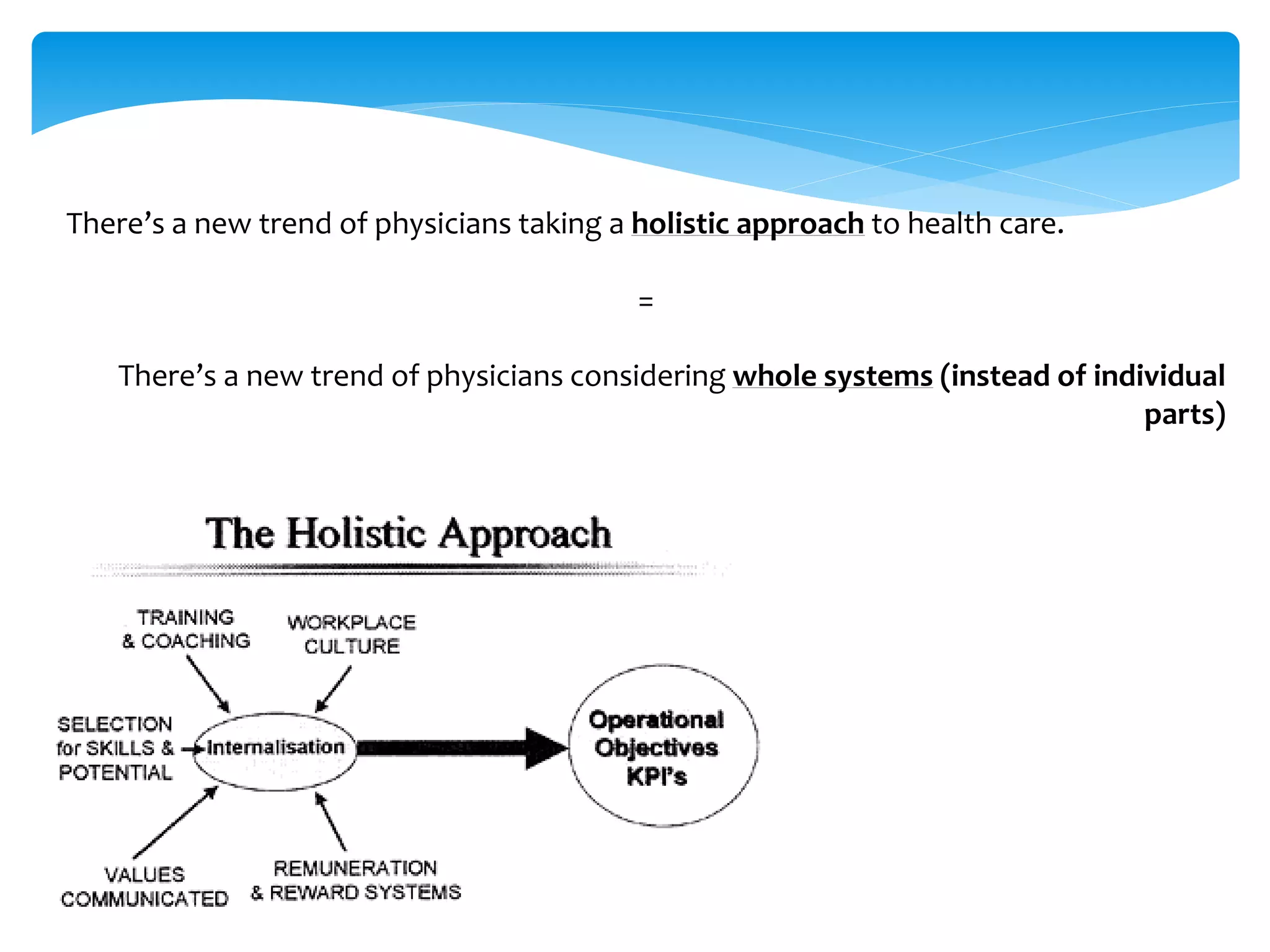 There’s a new trend of physicians taking a holistic approach to health care. 
= 
There’s a new trend of physicians considering whole systems (instead of individual 
parts) 
