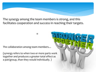 The synergy among the team members is strong, and this 
facilitates cooperation and success in reaching their targets. 
= 
The collaboration among team members… 
(synergy refers to when two or more parts work 
together and produces a greater total effect as 
a pair/group, than they would individually. ) 
 