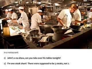 In a restaurant: 
1) John’s a no-show, can you take over his tables tonight? 
2) I’m one steak short! There were supposed to be 3 steaks, not 2. 
 