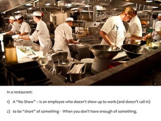 In a restaurant: 
1) A “No Show” – is an employee who doesn’t show up to work (and doesn’t call in) 
2) to be “short” of something - When you don’t have enough of something. 
 