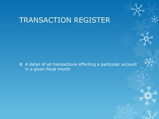 TRANSACTION REGISTER




 A detail of all transactions affecting a particular account
  in a given fiscal month
 
