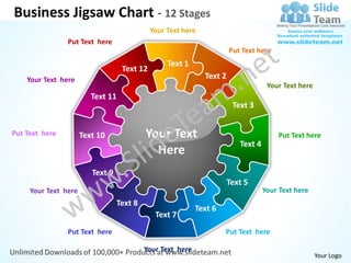 Business Jigsaw Chart - 12 Stages
                                             Your Text here
                Put Text here
                                                                       Put Text here
                                                  Text 1
                                   Text 12
    Your Text here                                            Text 2
                                                                                    Your Text here
                         Text 11
                                                                        Text 3


Put Text here         Text 10              Your Text                                   Put Text here
                                                                          Text 4
                                             Here
                         Text 9
                                                                       Text 5
     Your Text here                                                                Your Text here
                                  Text 8
                                                            Text 6
                                              Text 7
                Put Text here                                        Put Text here

                                           Your Text here
                                                                                                     Your Logo
 