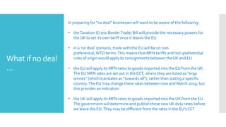 What if no deal
…
In preparing for “no deal” businesses will want to be aware of the following:
• theTaxation (Cross-BorderTrade) Bill will provide the necessary powers for
the UK to set its own tariff once it leaves the EU
• in a ‘no deal’ scenario, trade with the EU will be on non-
preferential,WTO terms.This means that MFN tariffs and non-preferential
rules of origin would apply to consignments between the UK and EU
• the EU will apply its MFN rates to goods imported into the EU from the UK.
The EU MFN rates are set out in the CCT, where they are listed as “erga
omnes” (which translates as “towards all”), rather than stating a specific
country.The EU may change these rates between now and March 2019, but
this provides an indication
• the UK will apply its MFN rates to goods imported into the UK from the EU.
The government will determine and publish these new UK duty rates before
we leave the EU.They may be different from the rates in the EU’s CCT
 