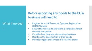 What if no deal
…
Before exporting any goods to the EU a
business will need to
• Register for an UK EconomicOperator Registration
(EORI) Number
• Ensure their contracts and terms & conditions reflect
they are an exporter
• Consider how they submit export declarations
• Decide on the classification of their goods
• Perhaps engage the services of a customs broker
 