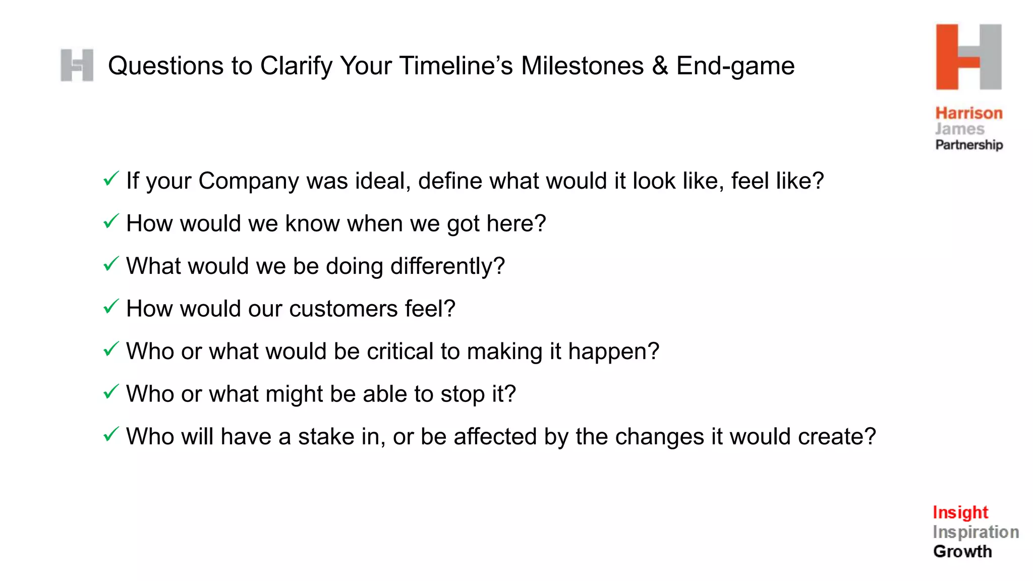 Questions to Clarify Your Timeline’s Milestones & End-game
 If your Company was ideal, define what would it look like, feel like?
 How would we know when we got here?
 What would we be doing differently?
 How would our customers feel?
 Who or what would be critical to making it happen?
 Who or what might be able to stop it?
 Who will have a stake in, or be affected by the changes it would create?
 