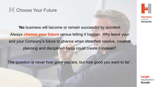 Choose Your Future
“No business will become or remain successful by accident.
Always choose your future versus letting it happen. Why leave your
and your Company’s future to chance when steadfast resolve, creative
planning and disciplined focus could create it instead?
The question is never how good you are, but how good you want to be”.
 