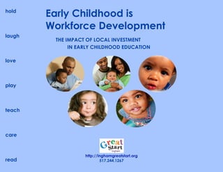 hold
        Early Childhood is
        Workforce Development
laugh
         THE IMPACT OF LOCAL INVESTMENT
              IN EARLY CHILDHOOD EDUCATION

love



play



teach



care



                   http://inghamgreatstart.org
read                       517.244.1267
 
