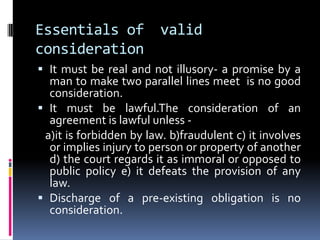 Essentials of a valid acceptanceAcceptance must be communicatedAcceptance must be absolute and unqualifiedAcceptance can be express or impliedAcceptance by a definite personAcceptance must be through reasonable or prescribed modeMental acceptance is no acceptanceAcceptance must be preceded by offer