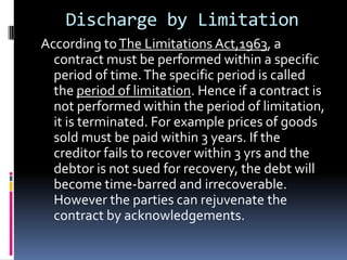 Rules relating  performance4.Performance of reciprocal promises- when a contract consists of an exchange of promises, they are called reciprocal promises. Sec 54 lays down that where the nature of the reciprocal promises is such that one cannot be performed unless the other party performs his promise first, then if the latter fails to perform, he cannot claim performance from the other, but make compensation to him for his loss.5.Appropriation of payments – It arises when a debtor owes several debts to a creditor and makes a payment insufficient to clear all debts. 