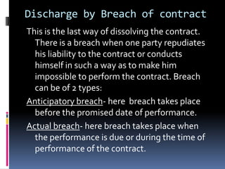 Discharge by ImpossibilityImpossibility of performance may be –At the time of entering into the contractSubsequent impossibility (also called the doctrine of frustration)Grounds of frustration: Destruction of subject-matterChange of lawNon-occurrence of an eventDeath or incapacity of partyOutbreak of war.