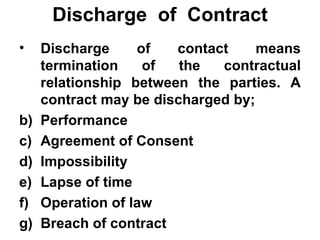 Discharge  of  Contract Discharge of contact means termination of the contractual relationship between the parties. A contract may be discharged by; Performance Agreement of Consent Impossibility Lapse of time Operation of law Breach of contract 