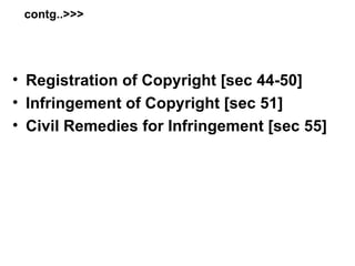 contg..>>>   Registration of Copyright [sec 44-50] Infringement of Copyright [sec 51] Civil Remedies for Infringement [sec 55] 