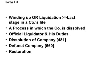 Contg. >>> Winding up OR Liquidation >>Last stage in a Co.’s life A Process in which the Co. is dissolved Official Liquidator & His Duties Dissolution of Company [481] Defunct Company [560] Restoration 