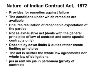 Nature  of Indian Contract Act,  1872 Provides for remedies against failure The conditions under which remedies are available Ensures realization of reasonable expectation of the parties Not as exhaustive act (deals with the general principles of law of contract and some special contracts only) Doesn’t lay down limits & duties rather create limiting principles The act is neither the whole law agreements nor whole law of obligations jus in rem v/s jus in personem (privity of contract) 
