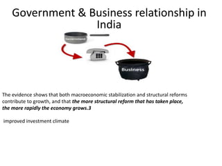 Government & Business relationship in
India
The evidence shows that both macroeconomic stabilization and structural reforms
contribute to growth, and that the more structural reform that has taken place,
the more rapidly the economy grows.3
improved investment climate
 